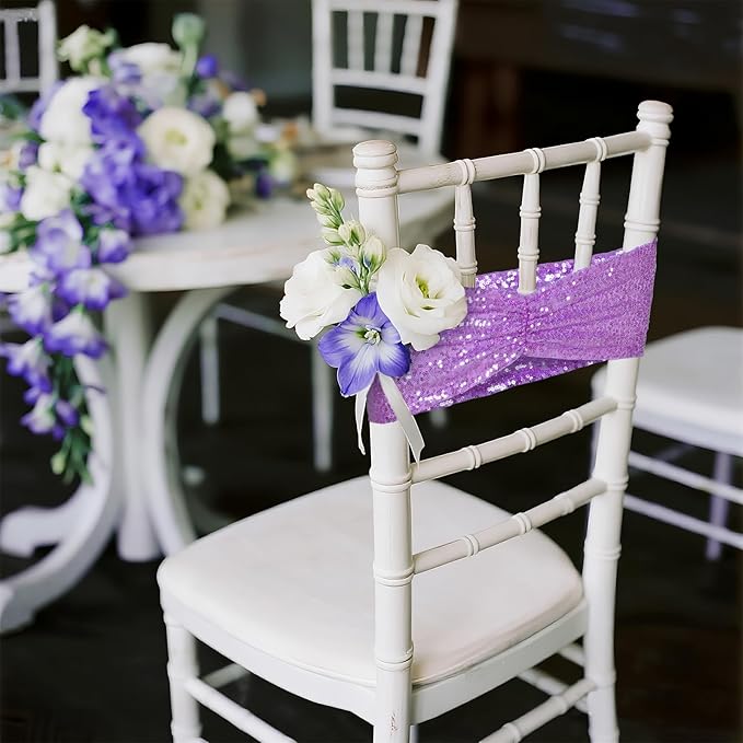 Poise3EHome Lavender Sequin Chair Sashes,Folding Chair Cover Bands for Wedding Party Ceremony Banquet Decorations, 20 PCS