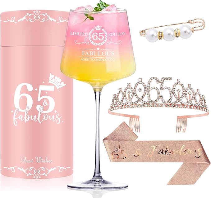 65TH Birthday Gifts for Women,Vintage Engraved 65th Wine Glass,65 Year Old Birthday Decorations For Her,65&Fabulous Sash and Tiara For Women,Friends,Sister-Turning 65th Party Favor Supplies