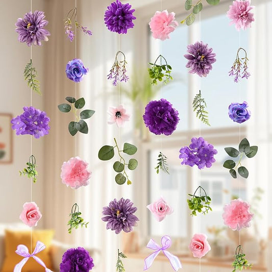 Livole 6Pcs 36Ft Hanging Flower Garland with Bow Purple Wildflower Garlands Backdrop Silk Rose Fake Floral Vines with Hooks for Spring Party Wedding Birthday Anniversary Arch Wall Garden Decor