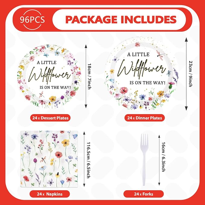 96PCS Wildflower Baby Shower Decorations Little Wildflowers Party Plates Disposable A Little Wildflower Is On The Way Paper Tableware for Girl Baby Shower Spring Summer Party Supplies, Serves 24