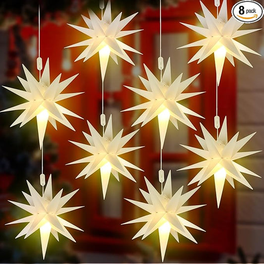 Kingdder 8 Pieces Moravian Star Light LED 3D Star Hanging Light Powered by Battery with Timer Function White Porch Lantern Holiday Decor for Indoor Outdoor Christmas Tree Balcony Courtyard (12 Inch)
