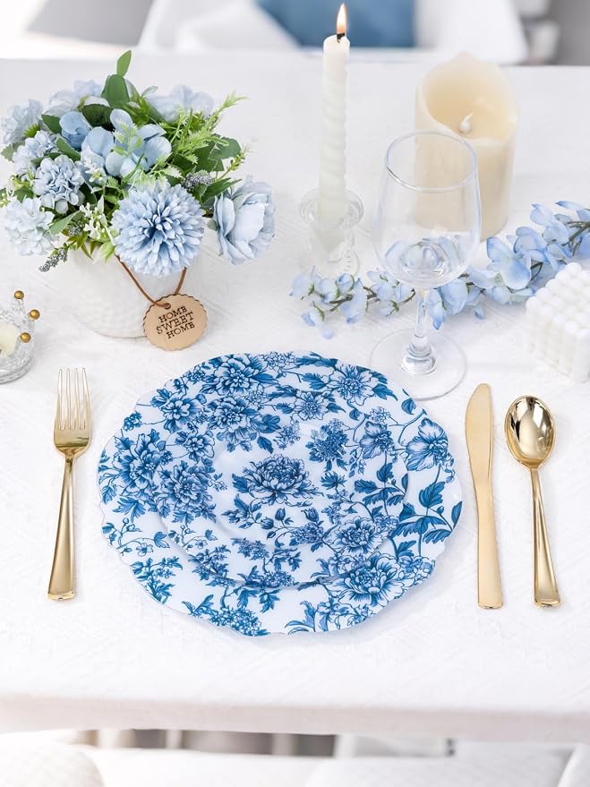 WDF 20PCS Blue Plastic Plates - Baroque White and Blue Plates - Chinoiserie Floral Party Decorations for Birthday/Tea Party/Spring