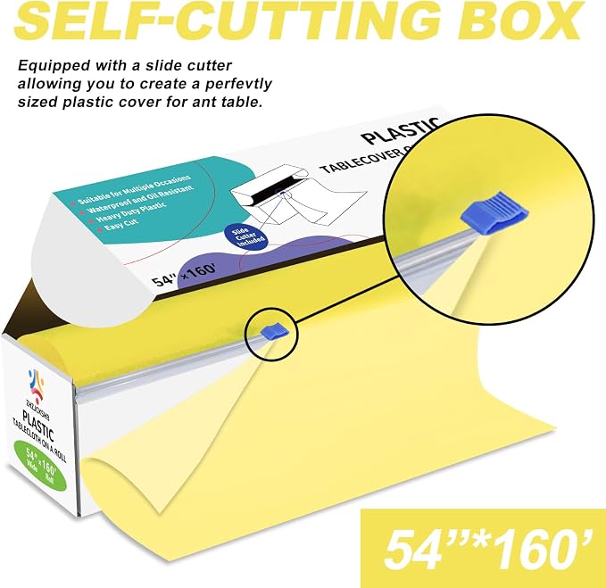 54IN X 160FT Plastic Table Cover Roll with Cutter Box, Cut to Size Plastic Table Cloths for Parties, Birthday, Disposable Tablecloth Roll for All Shape Tables (Light Yellow, 54 Inch X 160 Feet)