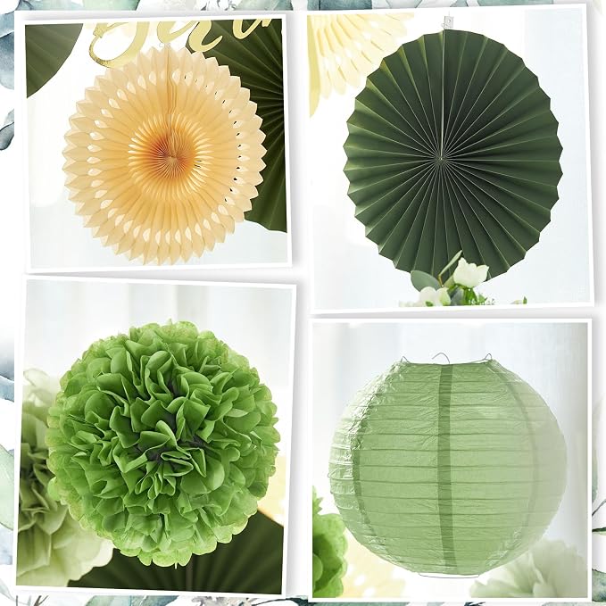 SUNBEAUTY Sage Green Birthday Decorations for Women Green Tissue Pom Poms Paper Lanterns Party Decorations Happy Birthday Banner Sage Green Paper Fans for Spring Garden Party Wedding Bridal Shower