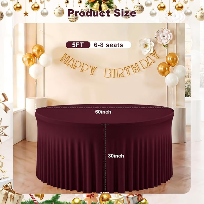 Burgundy Round Tablecloth 60 inch Stretch Spandex Fitted 5FT Round Banquet Tablecloths Wrinkle Free Table Cover Stitch Circle Tablecloth with Ruffle Skirt for Wedding Party Birthday Decor