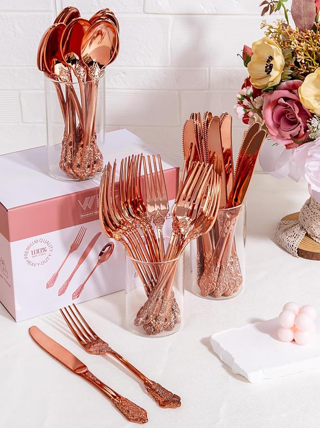 WDF 120Pieces Rose Gold Plastic Silverware - Heavy Duty Rose Gold Plastic Cutlery Set - Disposable Utensils - Flatware Includes 40 Forks, 40 Spoons, 40 Knives for Wedding Party Birthday