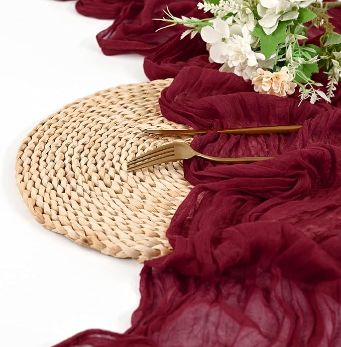 12 Pack Burgundy Cheesecloth Table Runner 10FT Boho Gauze Cheese Cloth Table Runner Rustic Sheer Fabric Table Runners for Wedding Bridal Shower Baby Shower Party(21.5×120 Inch)