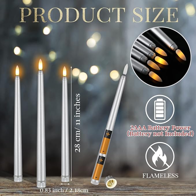 Macarrie 24 Packs Flameless Taper Candles Battery Operated Fake 11 Inch Long Candlelight LED Flameless Candlesticks Flickering Tapered for Summer Fall Wedding(Silver)