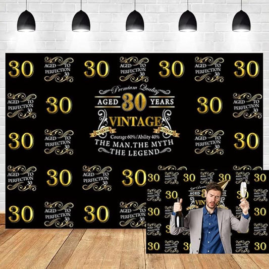 OERJU 7x5ft Happy 30th Birthday Backdrop for The Man The Myth The Legend Birthday Party Background Banner Black Gold Photography Photo Aged 30 Years Thirty Birthday Back Drops Vinyl Studio Props