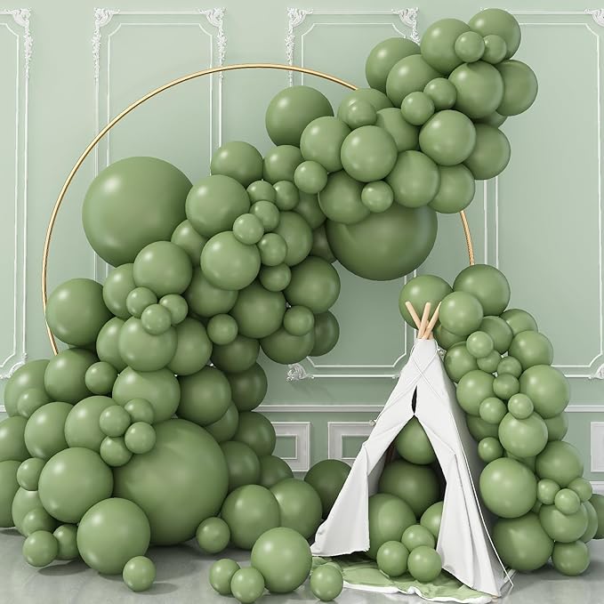 Double Stuffed Sage Green Balloons, Retro Olive Green Balloon Garland Kit Different Sizes 18/12/10/5 Inch Avocado Eucalyptus Green Latex Balloon Arch Kit for Jungle Safari Birthday Party Decorations