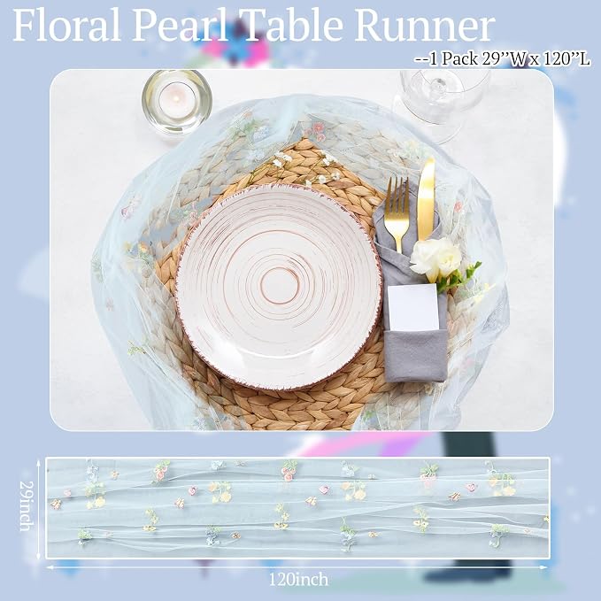 Lounsweer Blue Wildflower Table Runner 10ft Embroidery Tulle Spring Floral Table Runner Seasonal Summer Butterfly Kitchen Dining Gauze Decoration for Wedding Baby Shower Birthday Party