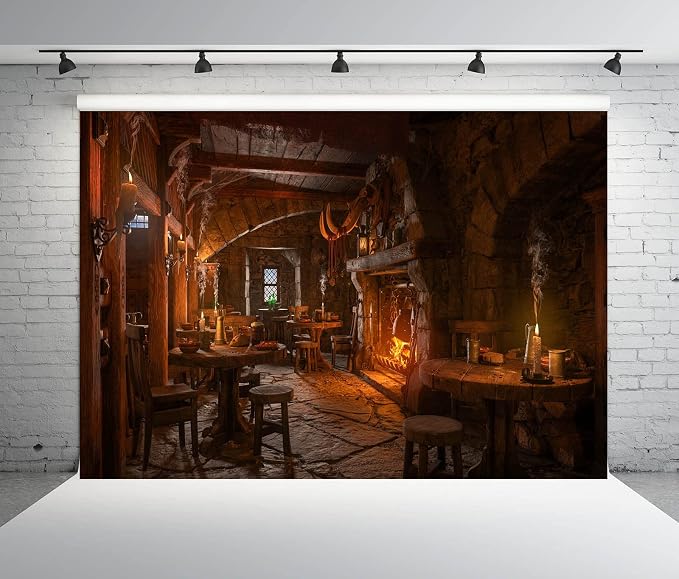 BELECO 8x6ft Fabric Medieval Tavern Backdrop for Photography Wooden Interior Candle Light Fireplace Ancient Tavern Inn Bar Restaurant Background for Party Decorations Photo Booth Studio Props