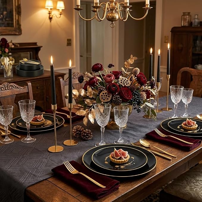 I00000 150Pcs Black Plastic Plates, Black Disposable Plates, Heavy Duty black plates for 30 Guests,Plastic Dinnerware Set Include 30 Dinner Plate,30 Dessert Plate,90 Gold Cutlery Set for Party