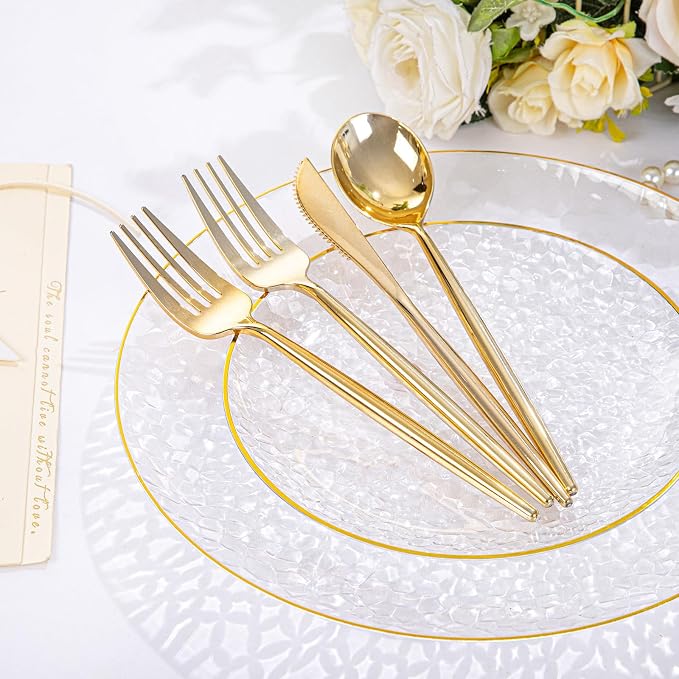 Rubtlamp 150Pcs Plastic Plates, Heavy Duty Clear Plates With Gold Rim, Hammered Gold Dinnerware Set Include 30 Dinner Plate, 30 Dessert Plate, 90 Plastic Silverware