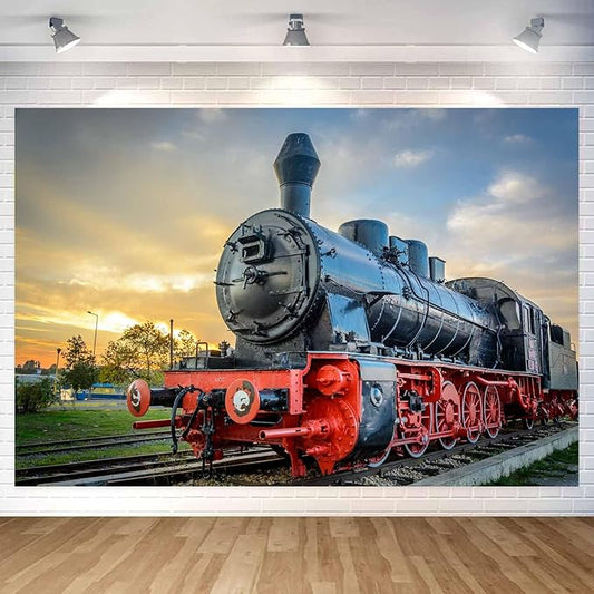Steam Train Backdrop,Railroad Tracks Sunset Railway Photo Background,Train Banner,School Bulletin Board Decoration for Door Wall Indoor Outdoor Christmas Birthday Baby Shower Party Supplies-10x8FT