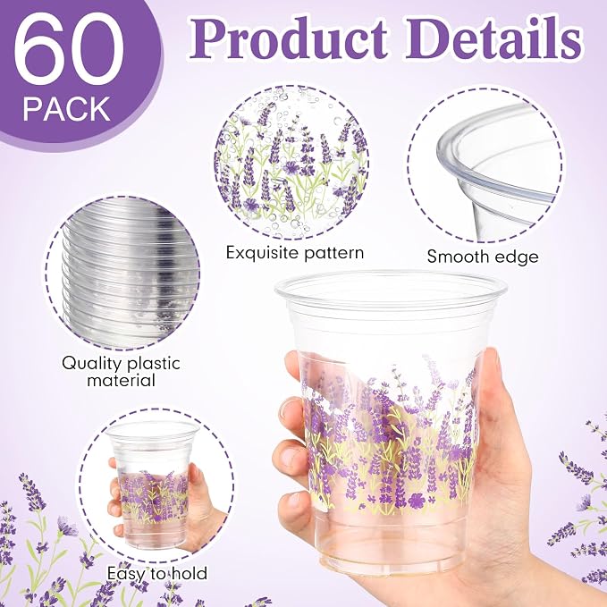 Hushee Lavender 60 Pcs Party Cups 16 oz Plastic Disposable Drinking Cups for Birthday Love Baby in Bloom Baby Shower Summer Fresh off The Market Bridal Shower Decorations Supplies
