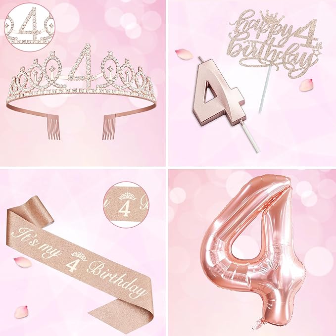 4th Birthday Decorations for Girls, Including 4th Birthday Sash and Tiara, Cake Topper and Candle, Number Balloon, 4 Year Old Gifts for Girls
