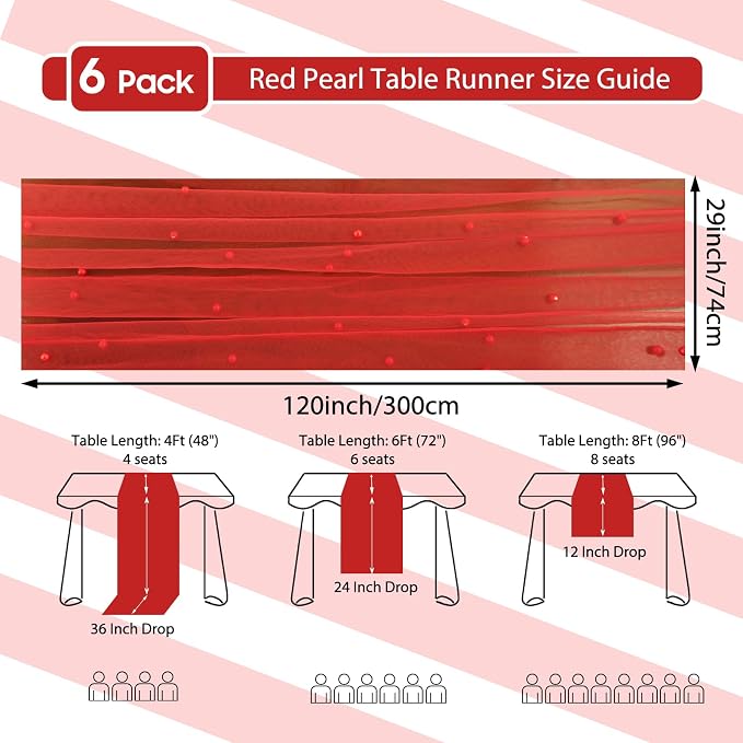 Set of 6 Pearl Table Runner 10ft, 29 * 120 Inch RED Table Cloth Pearl Sheer Tulle Table Cover,Pearl Table Runner for Wedding Party Baby Shower Birthday Home Decor