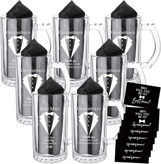 Nuanchu Set of 7 Groomsman Proposal Gifts Best Man Gift Beer Glass Set with Tuxedo Glasses Will You Be My Groomsman Cards Tissue Paper for Bachelor Party(17 oz,Beer Mugs)