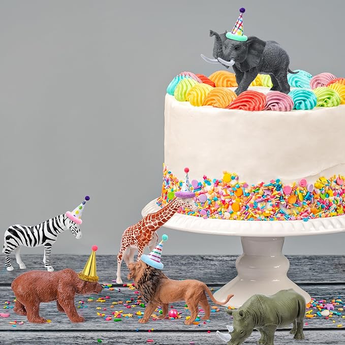 Colingmill 18 Pcs Jungle Animal Birthday Party Decorations Mini Birthday Hat Animal Figure Model Cake Toppers with Mini Hat for Birthday Party, Wild Animals Themed Party