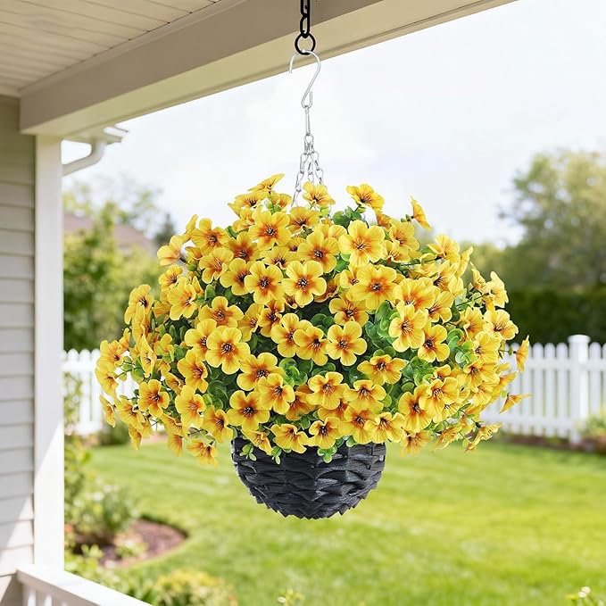 VIERENA 2 Sets Artificial Morning Glory and Eucalyptus Hanging Basket for Outdoor, UV-Resistant Fake Flower Hanging Basket, Suitable for Porch, Aisle, Garden, Patio, Eaves Decor (Yellow)