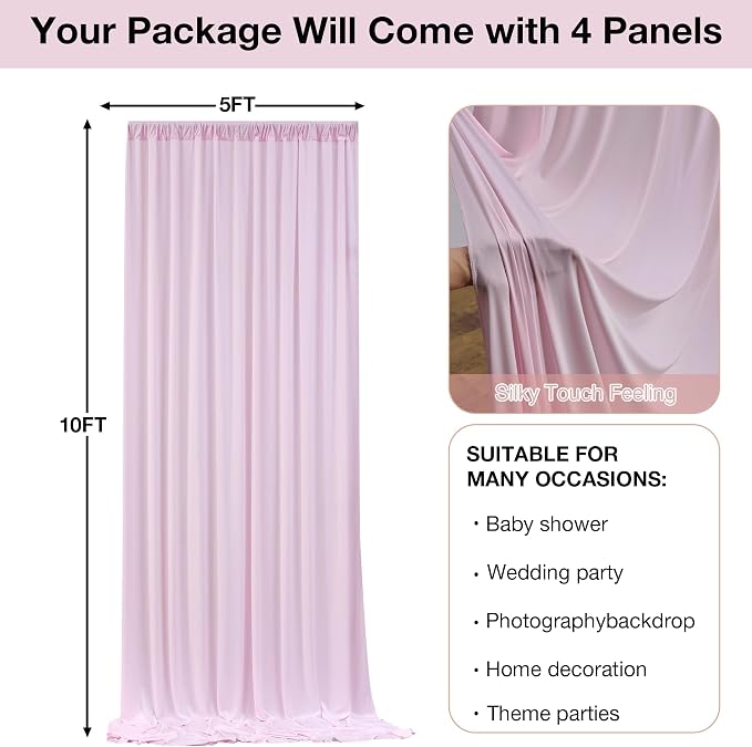 20ftx10ft Wrinkle Free Light Pink Backdrop Curtains for Parties, Silky Polyester Photo Backdrop Drapes 4 Panels 5x10ft Back Drop Cloth for Wedding Birthday Baby Shower Photography Background