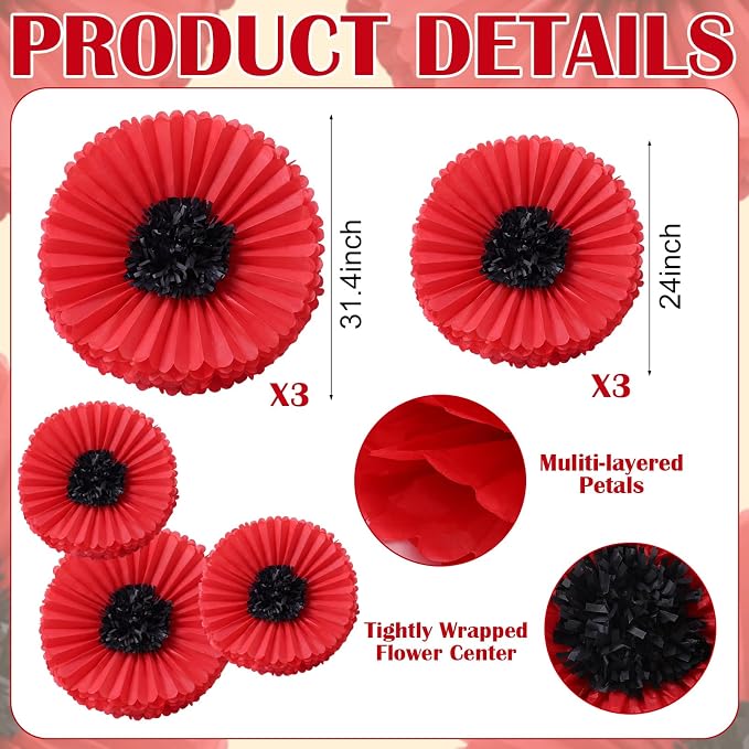 Giegxin 6 Pcs 31.5", 24" Giant Poppy Paper Flowers Wizard Party Decoration Large Red Poppies Veterans Patriotic Tissue Poppy Big Paper Flowers Decorations for Wall Memorial Day Halloween Birthday