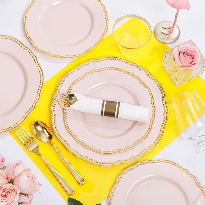 Hioasis 175pcs Pink and Gold Plastic Plates - Pink Plastic Dinnerware Set Includes 25 Dinner Plates, 25 Dessert Dinnerware, 25 Cups, 25 Napkins Perfect for Wedding & Easter & Mother’s Day