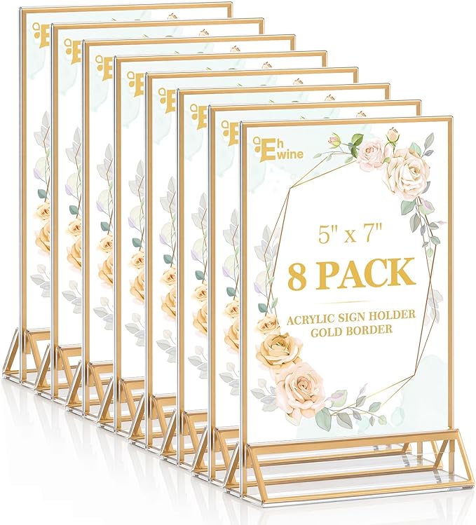 EHWINE 8 Pack 5×7 Clear Acrylic Sign Holder with Gold Borders and Vertical Stand, Double Sided Table Menu Holders Picture Frames for Wedding Table Numbers, Restaurant Signs, Photos and Art Display