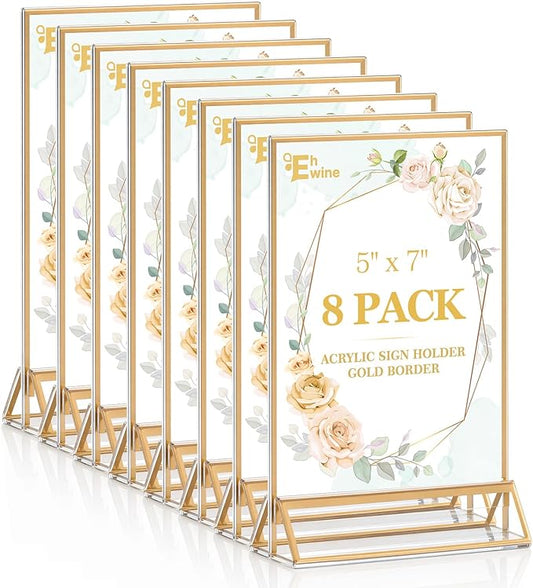EHWINE 8 Pack 5×7 Clear Acrylic Sign Holder with Gold Borders and Vertical Stand, Double Sided Table Menu Holders Picture Frames for Wedding Table Numbers, Restaurant Signs, Photos and Art Display