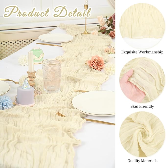 10 Pack Cheesecloth Table Runner 17 x 108 inch Long Boho Gauze Table Runners Semi Sheer Table Runner for Wedding Decor, Baby Shower, Birthday Party, Banquet (Ivory)