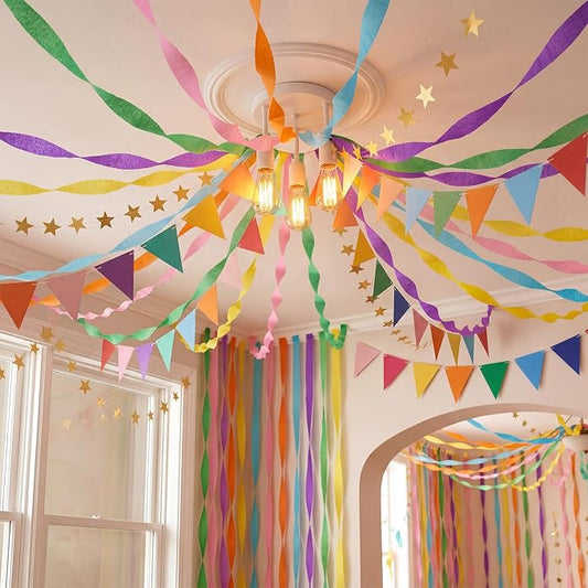 Frienda 14 Pcs Rainbow Party Decorations Set 492 ft Colorful Crepe Paper Streamers, 52.8ft Gold Star Garlands Backdrop and 4 Pennant Banner Flags for Wedding Birthday Fancy Party Hanging Decorations