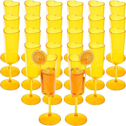 JLYLOL 24 PCS Heart Shaped Champagne Flutes, 5.5OZ Plastic Champagne Glasses, Unique Wedding Toasting Glasses, Elegant Stemmed Drinking Cups Plastic Goblets for Celebrations Anniversary Bride (Amber)