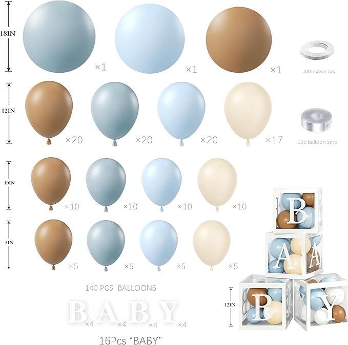 144Pcs Teddy Bear Baby Shower Decorations for Boy - We Can Bearly Wait Party Supplies - Blue Brown Balloon Garland Arch Kit with 4 Baby Boxes for Gender Reveal Backdrop, 1st Birthday