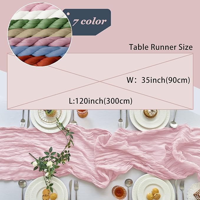 IVAPUPU 2 Pcs Cheesecloth Table Runner - 10ft Pink Boho Gauze Cheese Cloth Table Runners for Baby Shower Decorations Wedding Party Summer Garden Decor