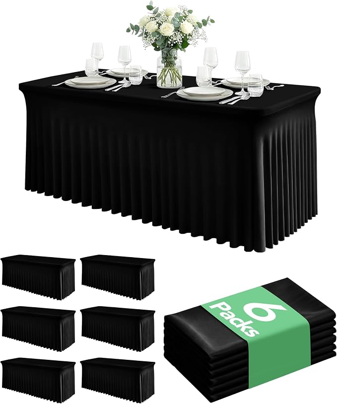 6 Pack Spandex Table Cover Skirts for 6ft Rectangle Tables, Black Stretch Table Cloths with Floor-Length Ruffle, Elastic Fitted Skirted Tablecloth for Elegant Wedding Banquet Party Buffet Decoration