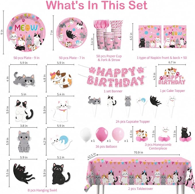 363pcs Cat Birthday Decorations for 50 People, Complete Paper Cat Themed Birthday Party Set Includes 100 350gsm Plates 24 Cupcake Toppers and 2 Waterproof Tablecloths