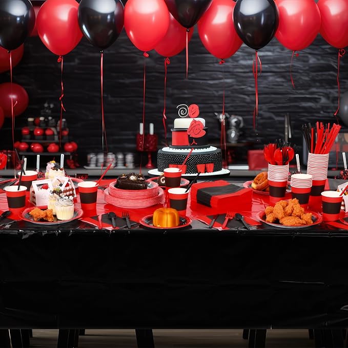 Funnymoom 452 Pcs Red and Black Party Decorations, Red and Black Paper Plates Cups Napkins Tablecloth Cutlery Straws Baby Shower Wedding Birthdays Party Supplies, 50 Guests