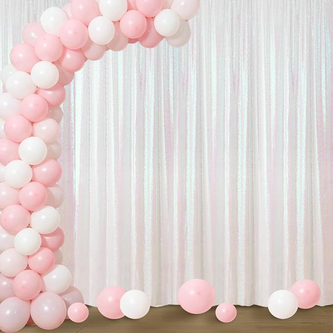 Sugargirl White Iridescent Sequin Backdrop Curtain 4FTx8FT Glitter White Iridescent Background Drapes Sparkle Photography Backdrop for Party Wedding Birthday Wall Decoration(1 Panel)