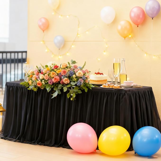 2-Pack Black 2-in-1 Tulle Tablecloth for 8-Foot Rectangular Table – Stretch Fitted Table Skirt & Cover for Baby Shower, Bridal, Birthday, Princess Party