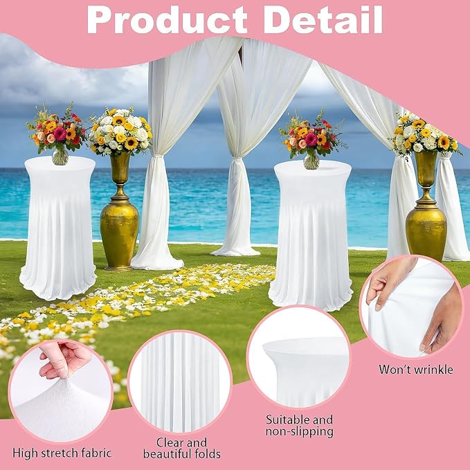 6 Pack Round Spandex Cocktail Table Tablecloth with Skirts, 32 x 43 Inch White Spandex High Top Cocktail Table Covers, Stretch Fitted Round Cocktail Tablecloths for High Top Bar Party Wedding Banquet