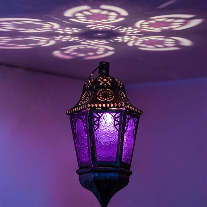 Moroccan Decorations Indoor, 13.6’’ Lantern Decorative Outdoor, Halloween Style Hanging Lantern with Chain for Home Porch Patio Decor, Vintage Metal Christmas Ramadan Candle Holders(Purple)