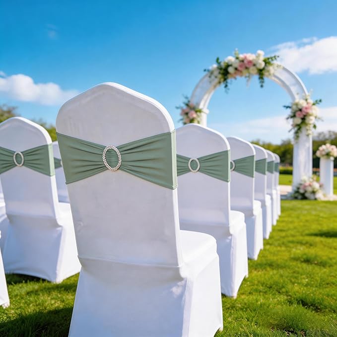 Pack of 100 Stretch Sage Green Chair Sashes for Wedding, Elastic Lycra Chair Bands with Buckle Slider, Spandex Chair Bows for Party, Without White Chair Covers (Sage Green)