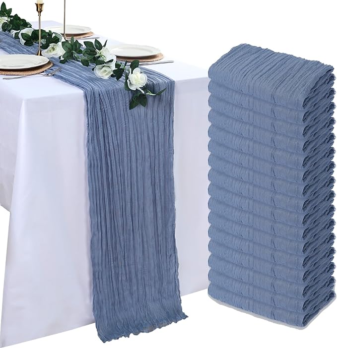 16 Pack Dusty Blue Cheesecloth Table Runner 10ft Boho Gauze Fabric 120 Inch Cheese Cloth Table Runner Rustic Sheer for Holiday Baby Shower Party Décor Home Wedding Decoration