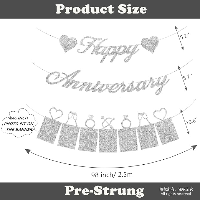25th Anniversary Decorations Party Supplies Set of Happy Anniversary Photo Banner and Balloons,Hanging Swirls for 25 year Wedding decor(silver)