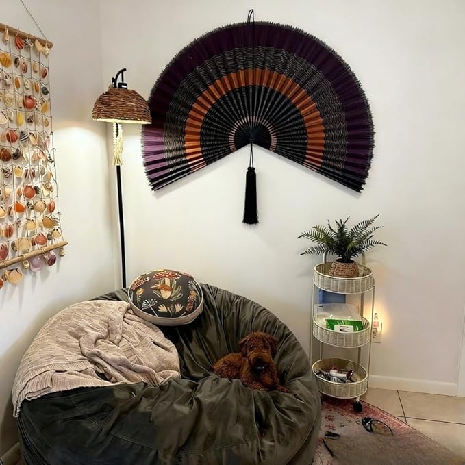 ChumDecor Fan Wall Decor, Large Bamboo Fans for Boho Hanging Headboard, Decorative Folding Fans for Over Bed, Asia Trending (Ebony 31inch)