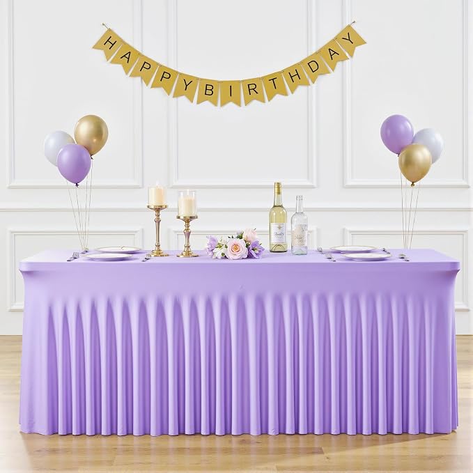 6ft Lavender Spandex Table Cloths for Rectangle Tables Wrinkle Free Light Purple Tablecloth Rectangle Stretch Fitted Lilac Table Cover with Skirt for Birthday Party Wedding Banquet Baby Shower Buffet