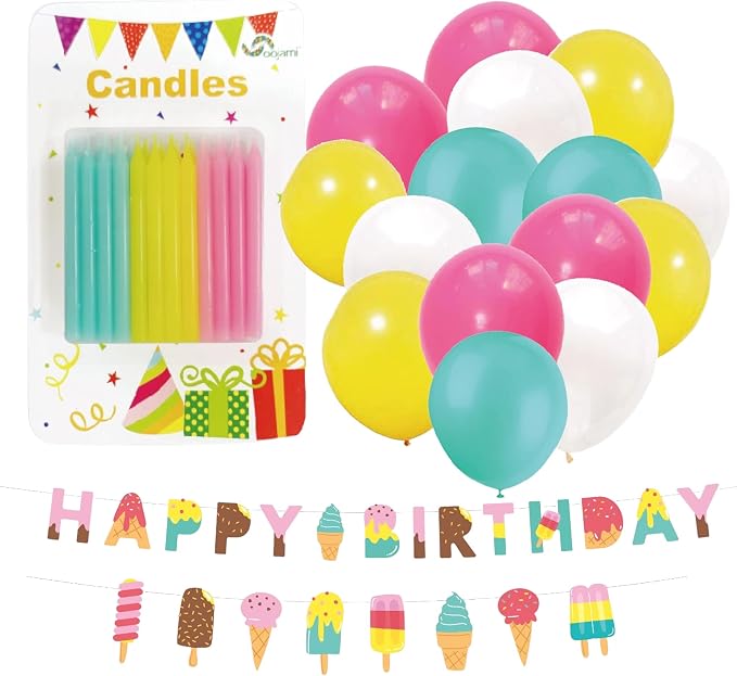 Serves 24 Complete Ice Cream Party Supplies Includes Plates Napkins, Table Covers, Balloons, Swirls, Happy Birthday Banner, Cake Topper, Candles, Straws Ideal for Ice Cream Popsicle Theme Party