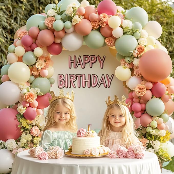 Dusty Pink Yellow Green Balloons Arch Kit, Double Stuffed Pastel Light Yellow Sage Green Peach Balloon Garland Ivory White Sand Color for Bear Wildflower Birthday Wedding Party Decorations