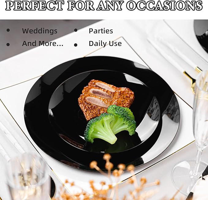 Lullaby 100PCS Black and Gold Plastic Plates, Disposable Black Plastic Plate with Gold Rim, 50PCS Dessert Plates 7" and 50PCS Dinner Plates 10", Perfect for Party Wedding and Daily Use